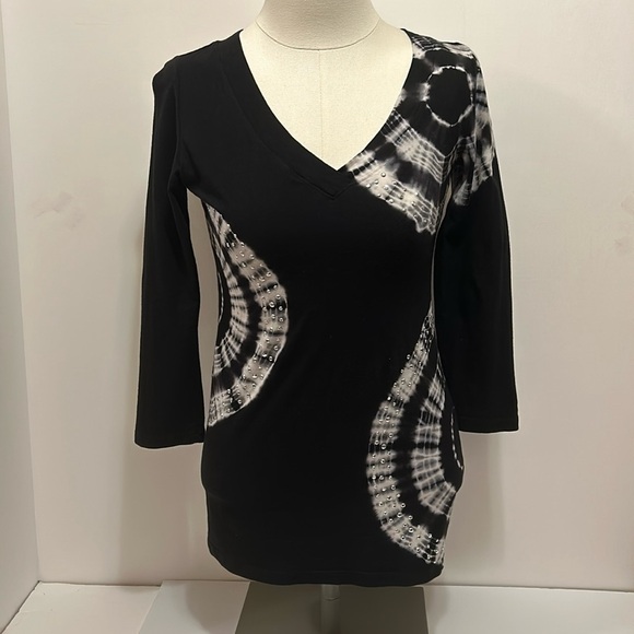Inc. Black Boho Tie Dye V Neck 3/4 Sleeve Top Women's Size Small - Picture 1 of 8